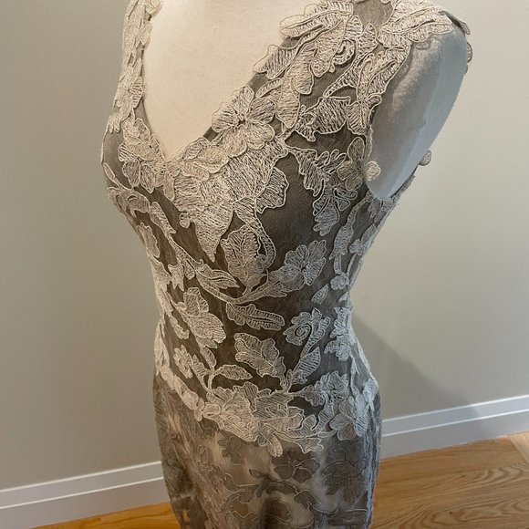 Tadashi Shoji Scalloped V-Neck Sleeveless Two Tone Corded Lace Gown - Picture 9 of 10